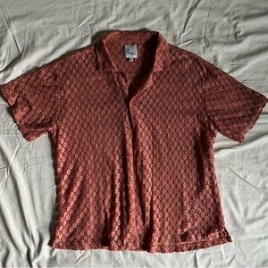 R by Raga Men’s Crochet Lace Shirt Large Dusty Pink Camp Collar